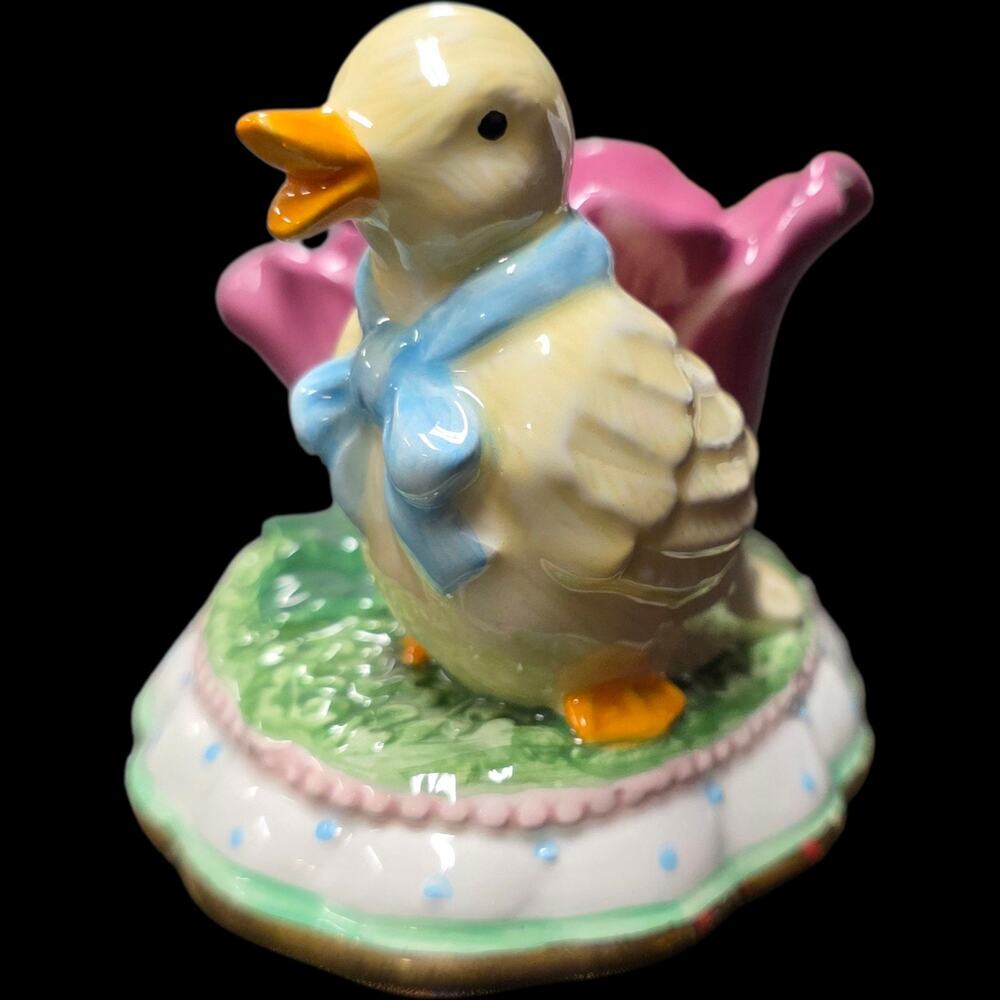 Vintage Porcelain Duck Figurine Candle Holder with Blue Bow and Gold Trim - Picture 4 of 7